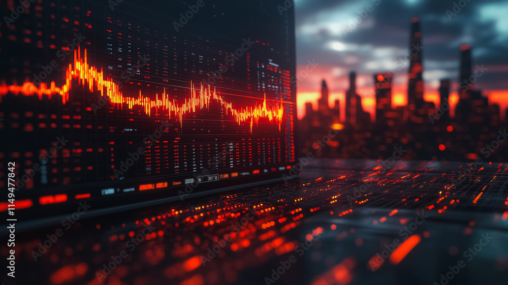 Poster a computer screen shows a graph with red lines and a city in the background