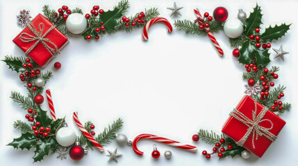 Festive christmas border with red gifts and candy canes on white background