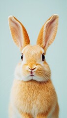 A close-up of a cute, fluffy orange rabbit with large ears against a light blue background.