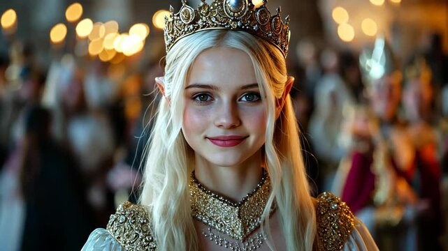 cute blonde hair woman dress up as elf princess wearing gold crown at fancy party 