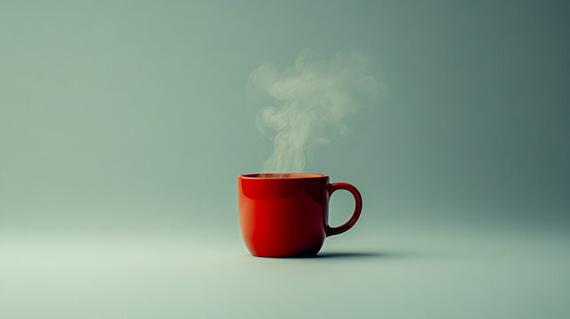 Steaming red coffee mug against minimalist green background