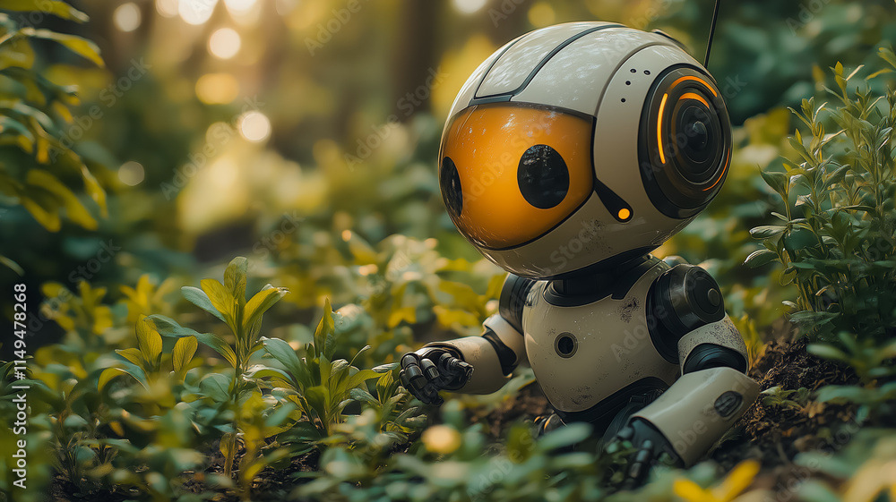 Poster a robot is sitting in a field of green plants. the robot is white and yellow. the robot is looking a