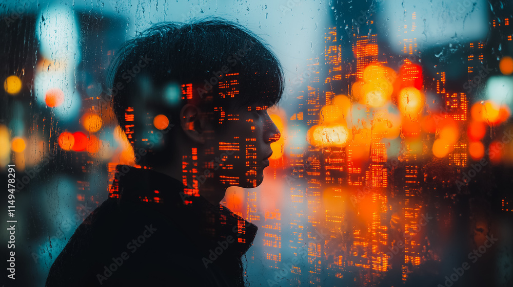 Poster a man is standing in front of a window with raindrops on it. the city lights outside the window are 