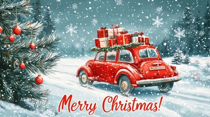 Retro postcard with a car and presents