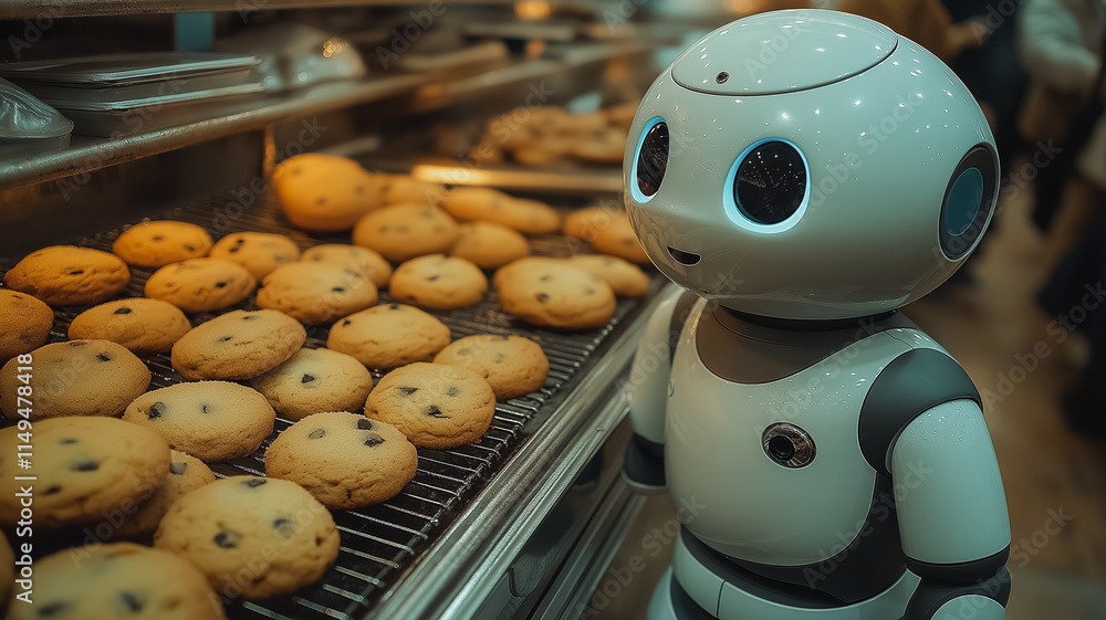 Poster a robot is standing in front of a tray of cookies