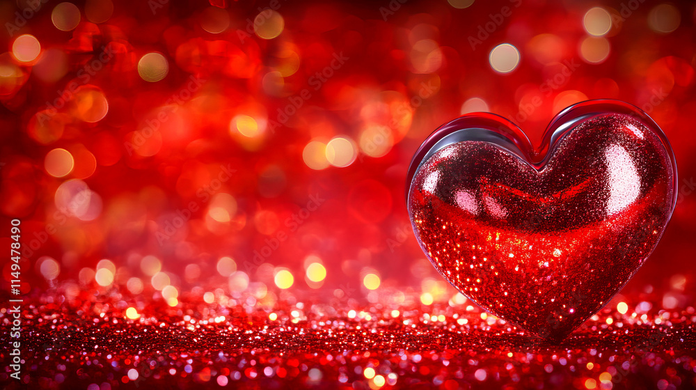 Poster glittering red heart on sparkling background with bokeh lights