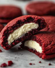 classic red velvet cookies with creamy white filling, studio food photography in close-up, perfect for dessert showcases, valentine's day treats, or bakery promotions 
