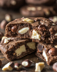 close-up studio food photography of chocolate cookies with large chunks of nuts and chocolate, perfect for dessert showcases, food promotions, or bakery marketing 