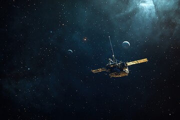 real photograph of space probe soaring through stars with distant planets visible in background