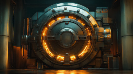A large, golden, metal safe with a glowing light inside. The safe is surrounded by a dark room, giving it an ominous and mysterious feel