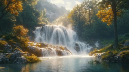 Obraz premium Serene waterfall cascading into tranquil pool, forest.