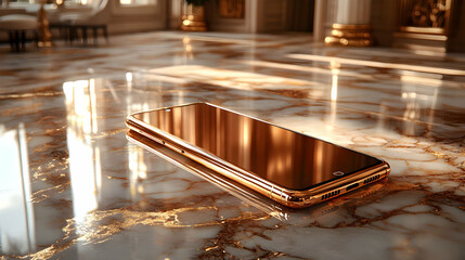 A sleek smartphone resting on a luxurious marble surface, reflecting light elegantly.