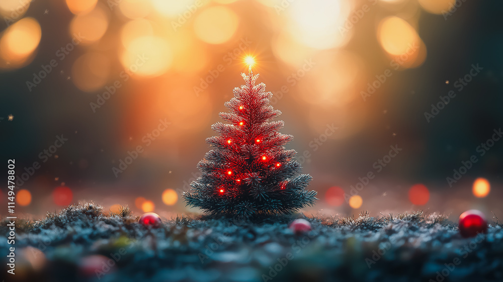Poster a small christmas tree with red lights on it is in a field of snow