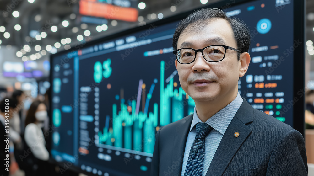 Poster a man in a suit stands in front of a large screen displaying graphs and numbers. he is focused and s