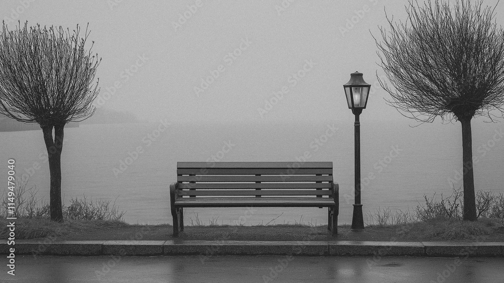 Poster a bench is sitting in front of a lamp post and two trees