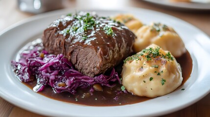 Serve the sauerbraten with sauce dumplings and red cabbage