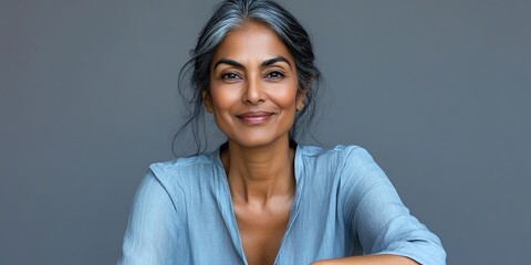 content middle-aged south asian woman wearing simple blue blouse sitting with slight smile on her face hands resting