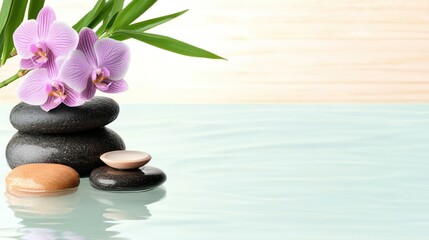 Serene Spa Setting with Bamboo, Orchids, and Water in the Background