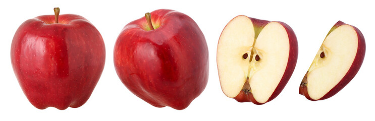 red apple (red delicious), half and slice isolated, fresh red apple, transparent PNG, PNG format, collection, set