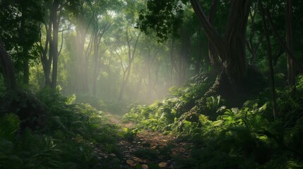 Obraz premium Sunbeams filtering through lush forest trees