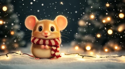 A cute mouse in a scarf against a winter landscape