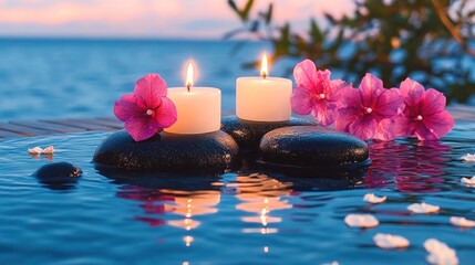 Tranquil Ambiance: Candles, Black Stones, and Tiare Bougainvillea on Water