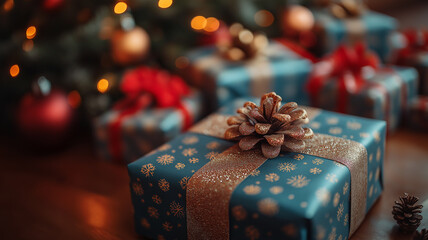 A blue box with a pine cone on top of it. The pine cone is surrounded by snowflakes and the box is decorated with gold and red ribbons. The box is placed on a wooden table