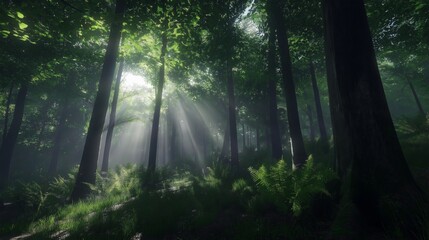 Obraz premium Sunbeams filtering through lush forest trees