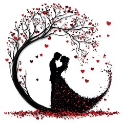 Fototapeta premium Romantic Couple Silhouette Embraced Under a Heart-Shaped Tree.
