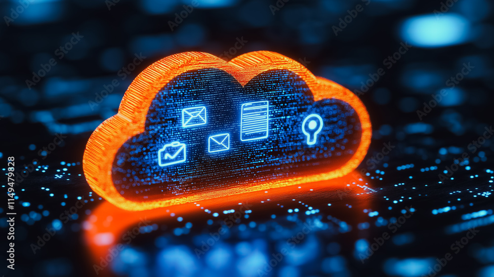 Poster a colorful, 3d representation of a cloud with various icons on it, such as an envelope, a key, and a