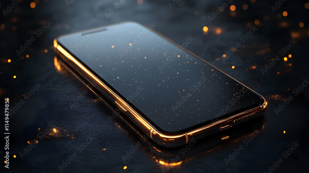 Poster a sleek smartphone with a reflective surface and sparkling particles in a dark setting.