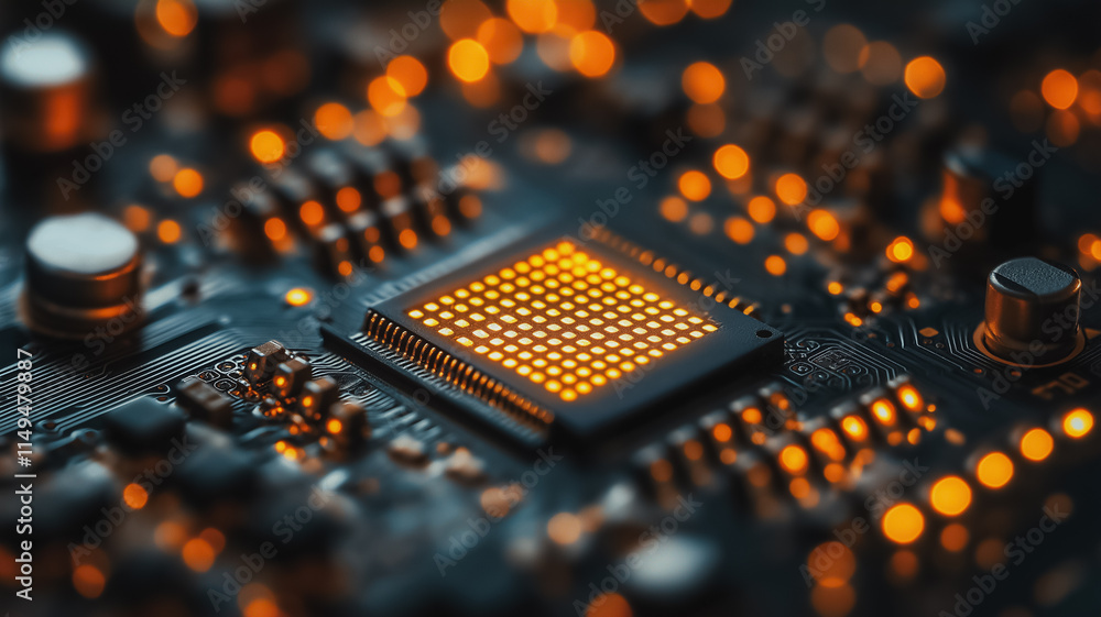 Poster a close up of a computer chip with a yellow glow. concept of technology and innovation, as well as t