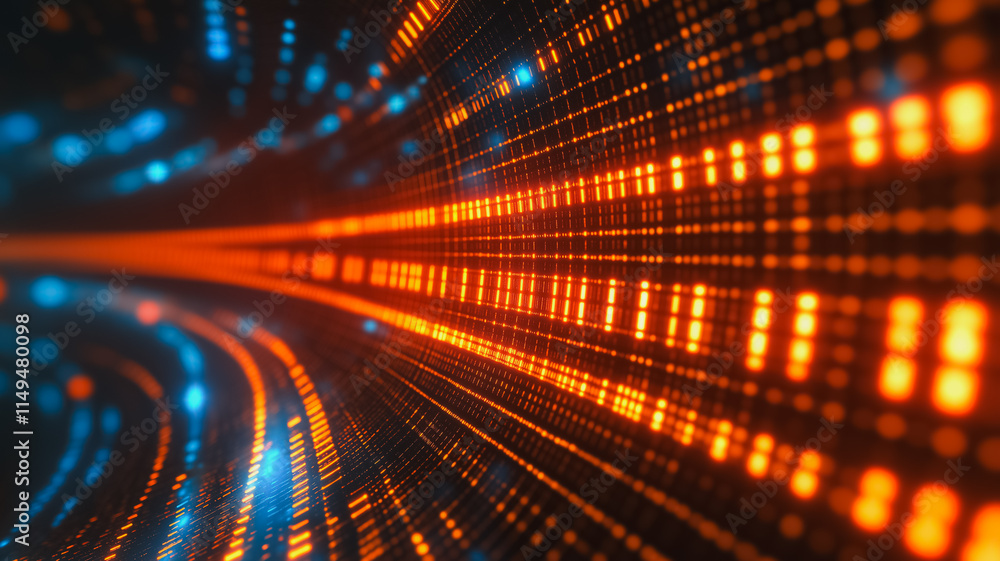 Poster a computer screen with a bright orange line that is filled with small squares. the squares are all d