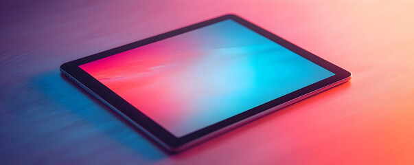A sleek tablet resting on a surface with a gradient background.