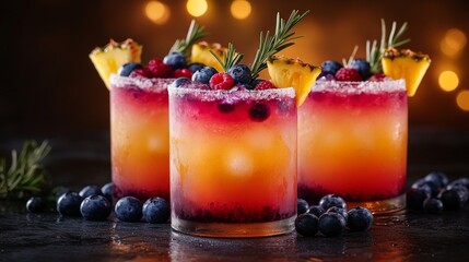 Glasses of blueberry and pineapple margaritas served on the table