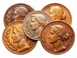Panoramic View of Five French Centimes Coins (1971, 1978, 1988, 1998) on Isolated Background