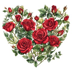 Heart-Shaped Arrangement of Red Roses with Watercolor Painting Style.