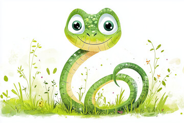 Fototapeta premium A cute cartoon snake character with a playful expression, surrounded by lush grass. The bright and colorful style gives the design a cheerful and lively feel, perfect for conveying fun, innocence, and