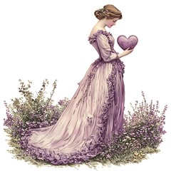 Fototapeta premium A Victorian Lady in a Lavender Gown Holds a Heart-Shaped Ornament Amidst Blooming Flowers.