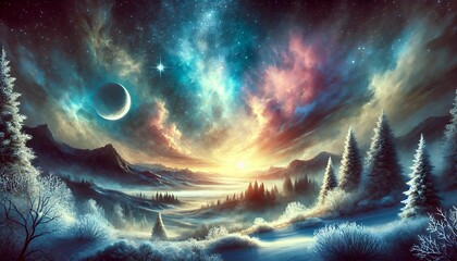 Fototapeta premium Dreamlike Winter Landscape with Radiant Starry Sky and Otherworldly Horizon