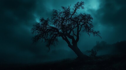 Silhouetted Tree Stands Alone In A Dark Foggy Night