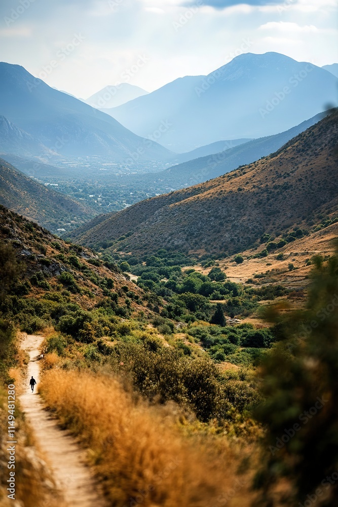 Poster panoramic view of valley with mountains in background foreground features blurred figure walking alo