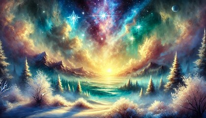 Fototapeta premium Fantastical Winter Sky with Bright Starry Night and Warm Ethereal Glow in Contrast