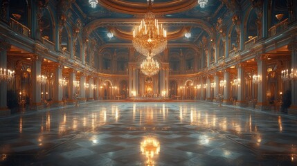Obraz premium Grand ballroom; ornate gold, glittering chandeliers.
