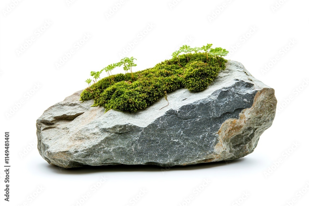 Poster piece of mountain stone with moss on it isolated on white background clean and simple design with co