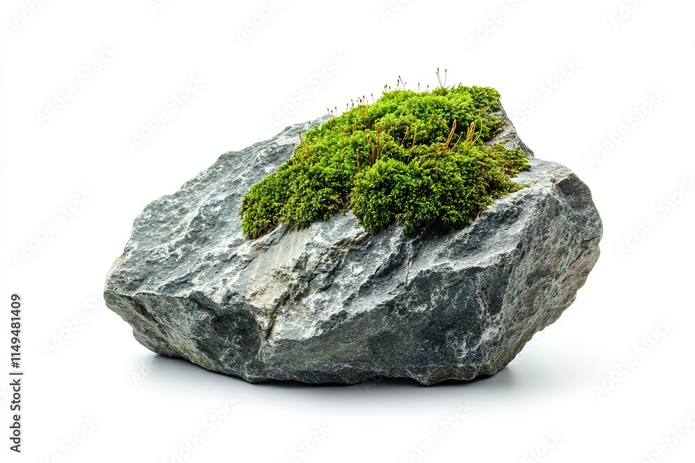 Poster piece of mountain stone with moss on it isolated on white background clean and simple design with co