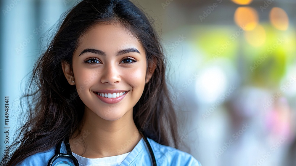 Poster female patient undergoing a routine checkup with a stethoscope placed on her chest stock photo with 