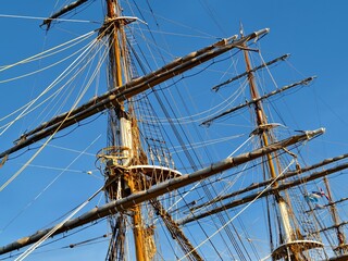Ropes stretched across the masts of an old ship