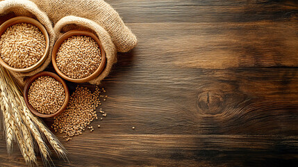 Assorted grains in wooden bowls on rustic wooden surface