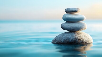 Balanced stones rest serenely on calm water